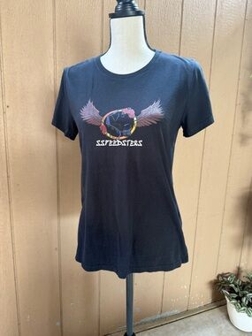 SSpeedsters Black Graphic Print Crew Neck T-Shirt Women Short Sleeve S Knit